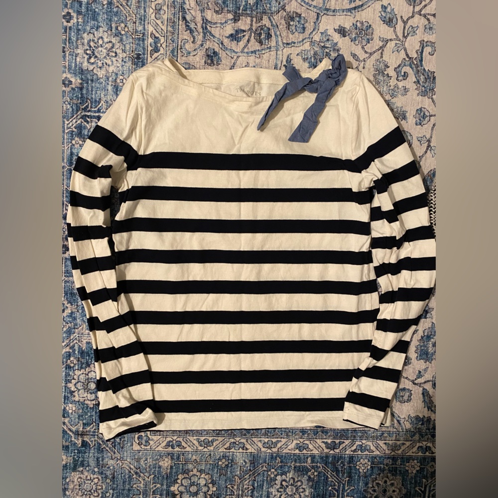 Talbots 100% Cotton Top Navy Cream Stripes Chambray Bow Size XS